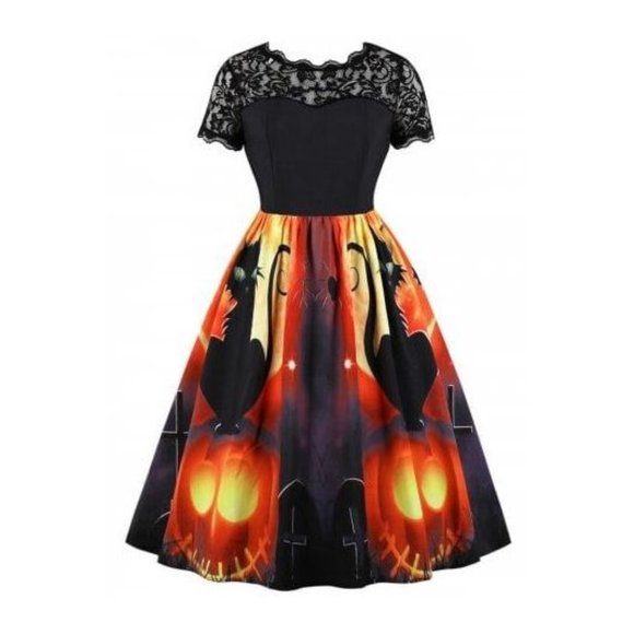 HALLOWEEN Lace Panel Cat+Pumpkin Flared Dress sz 4 - Picture 2 of 8